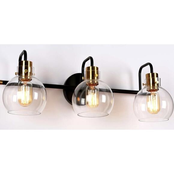 LNC 23 in. 3-Light Modern Aged Brass and Black Bathroom Vanity Light with Globe - Picture 1 of 4
